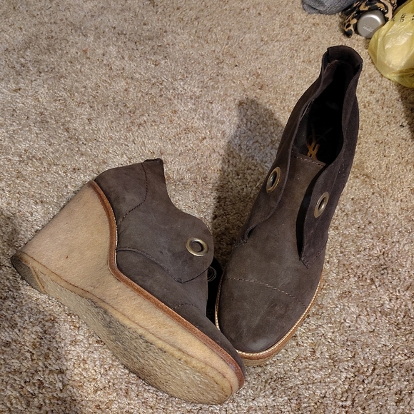 YSL Suede Brown Wedge Ankle Boots Sz 10 - Picture 1 of 8